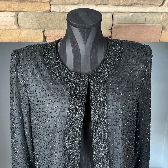 VTG 80s Laurence Kazar Silk Sequins Beaded Jacket Party Event Holiday Black MP - Picture 3 of 10